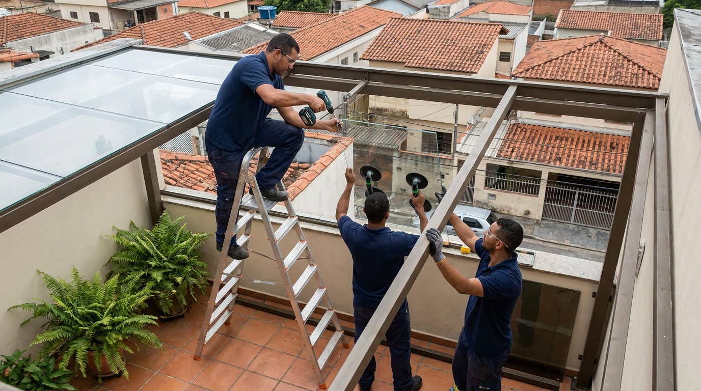 Cobertura de vidro em terraço com telhados em Cotia-SP