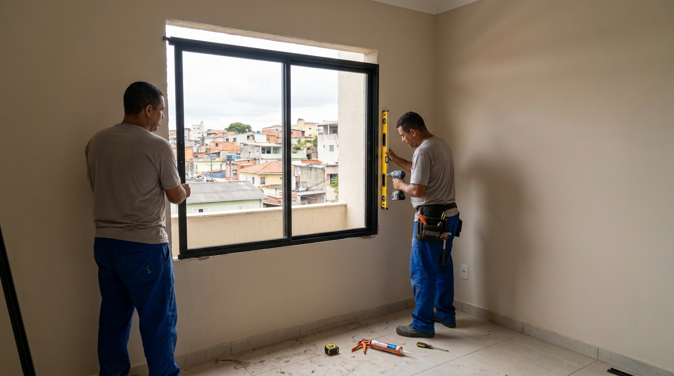 Esquadria de alumínio em quarto bege em Cotia-SP