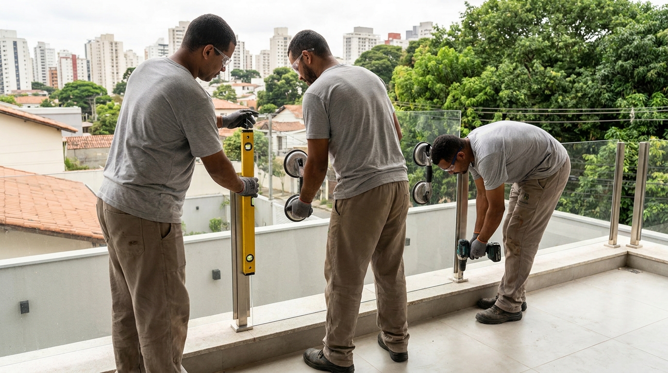Guarda-corpo em terraço alto com vista cidade em Cotia-SP