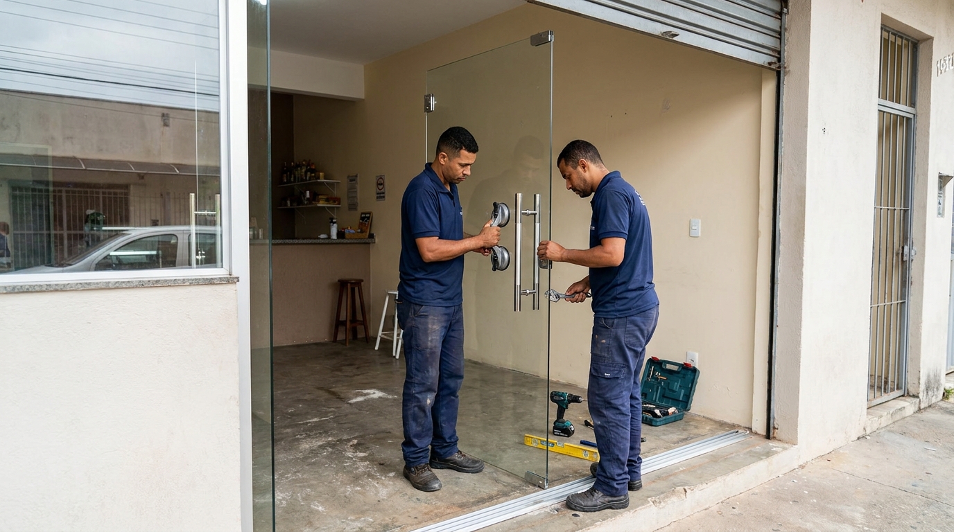 Dupla instalando porta de vidro em loja em Cotia-SP