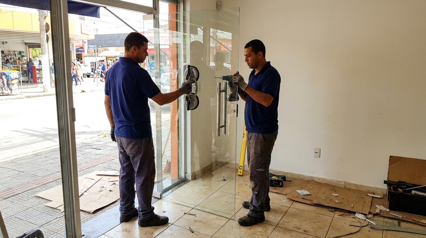 Porta de vidro de loja em rua movimentada em Cotia-SP